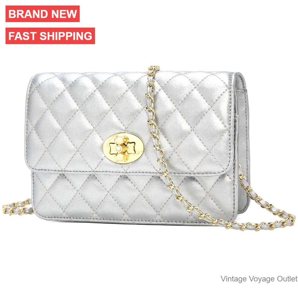 Genuine Leather Quilted Crossbody Bag With Chain Strap Small Shoulder Purse